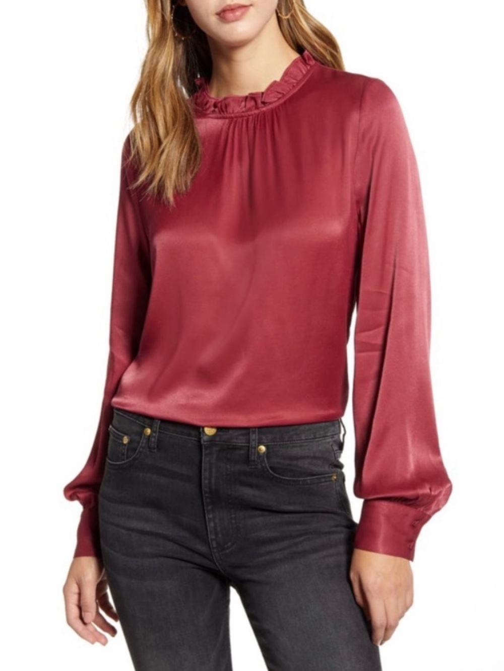 Rachel Parcell Burgundy Satin Ruffle Neck Blouse - M